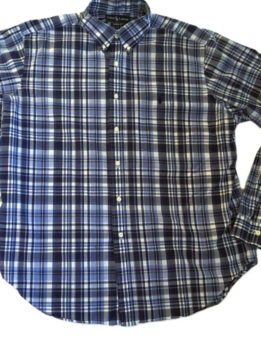 Ralph Lauren Button Down Shirt Blue Plaid Mens XL Classic Fit Long Sleeve